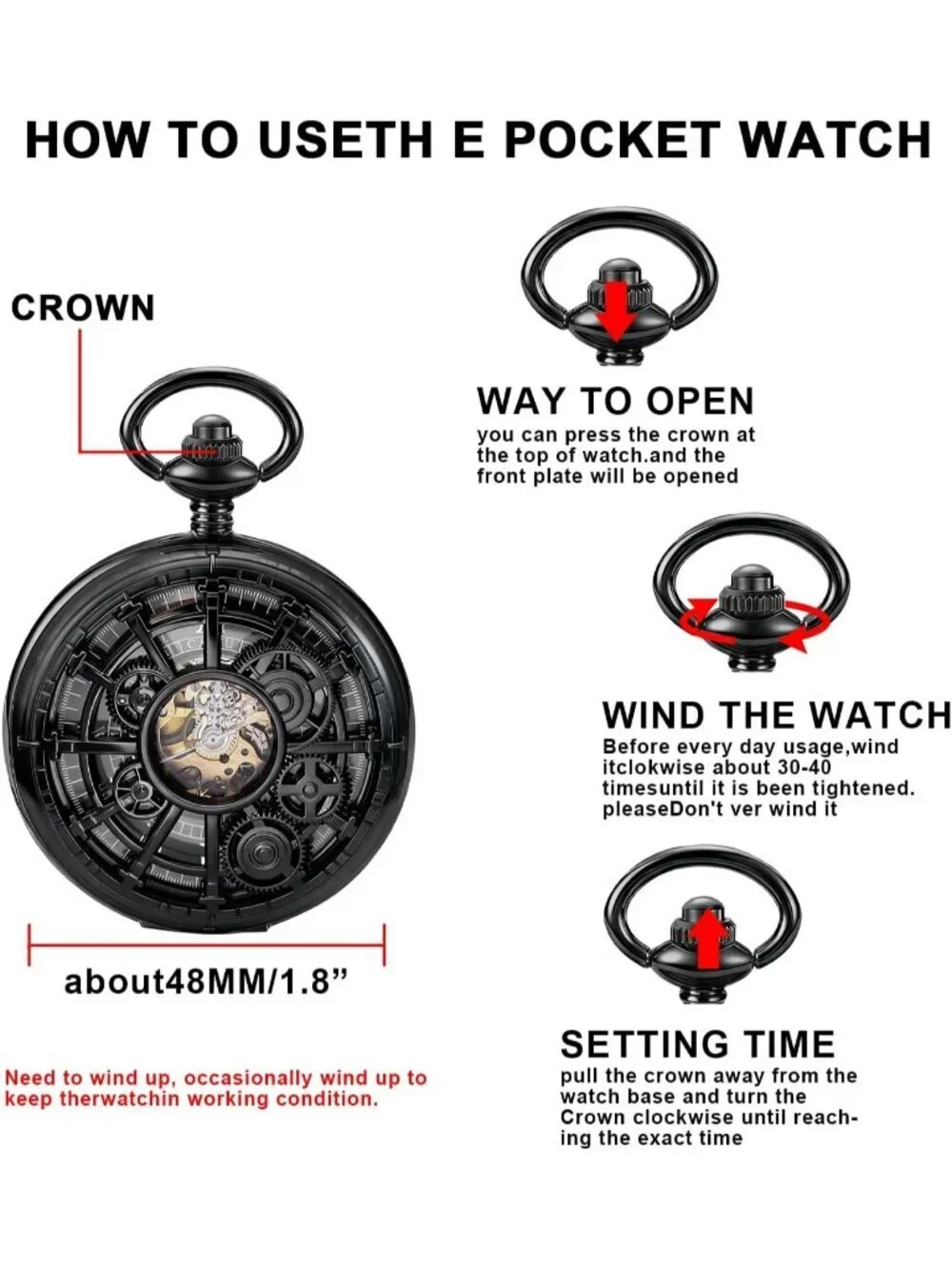Men's All Black Vintage Style Hollow-Out Gear Arabic Mechanical Pocket Watch